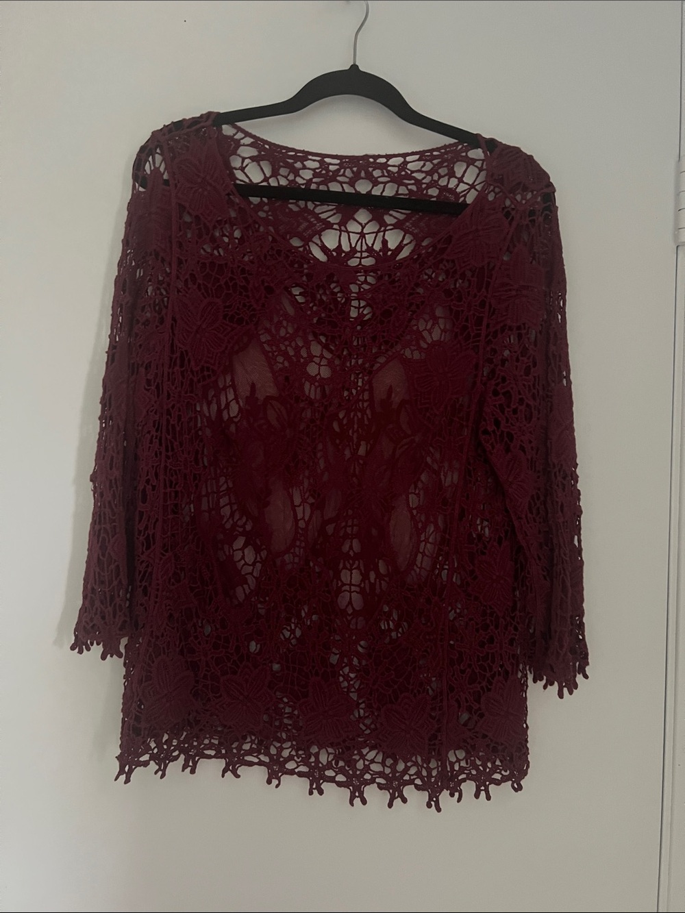 Women's Burgundy Crochet Lace Top - Elegant Sheer Knit